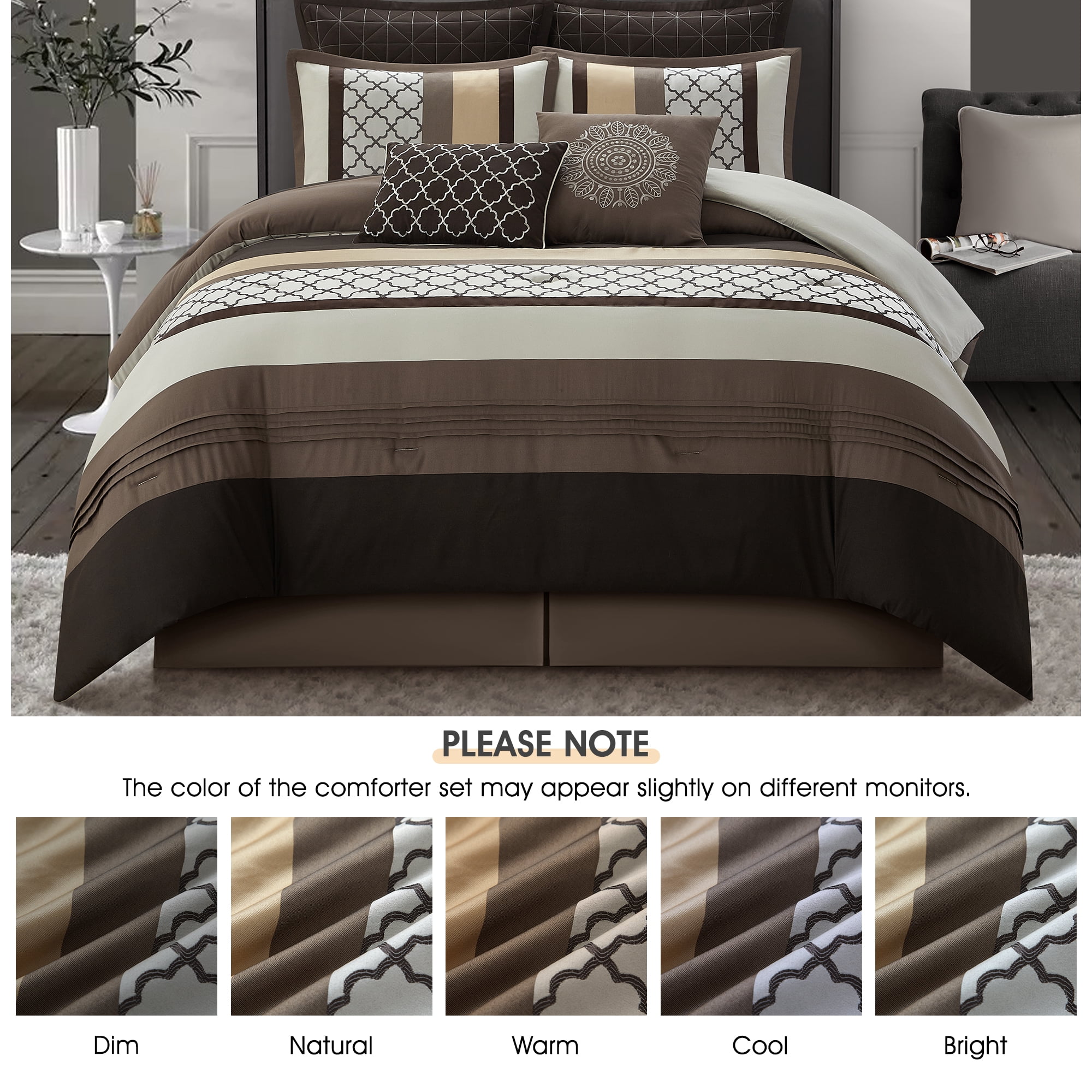 LANCO MODERN LIFESTYLE Queen Comforter Set, Brown Bedding Set, Jacquard Woven with Geometry, 8 Pieces Bed in a Bag, Bed Skirt, Shams and Decorative Pillows