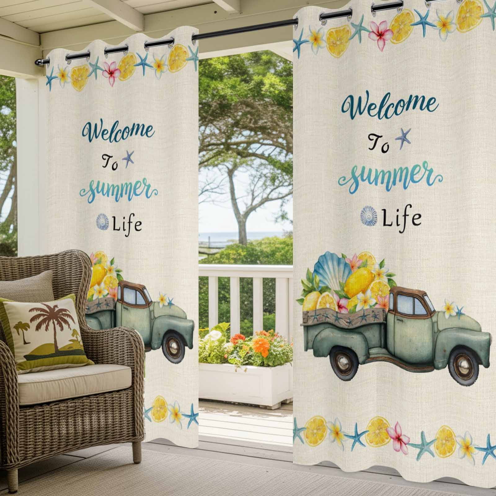 WELCOME TO SUMMER LIFE Outdoor Curtains 1 Panel Retro Truck Nautical Shell Starfish Vintage Waterproof Weatherproof Privacy Curtain Thermal Outside Drape for Porch Patio 54 x 108 Inch