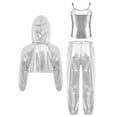 thumbnail image 2 of inlzdz Girls 3Pcs Popular Singer Outfits Metallic Cropped Hoodie Tank Crop Top Pants Hip Hop Jazz Dancewear Silver 6, 2 of 5