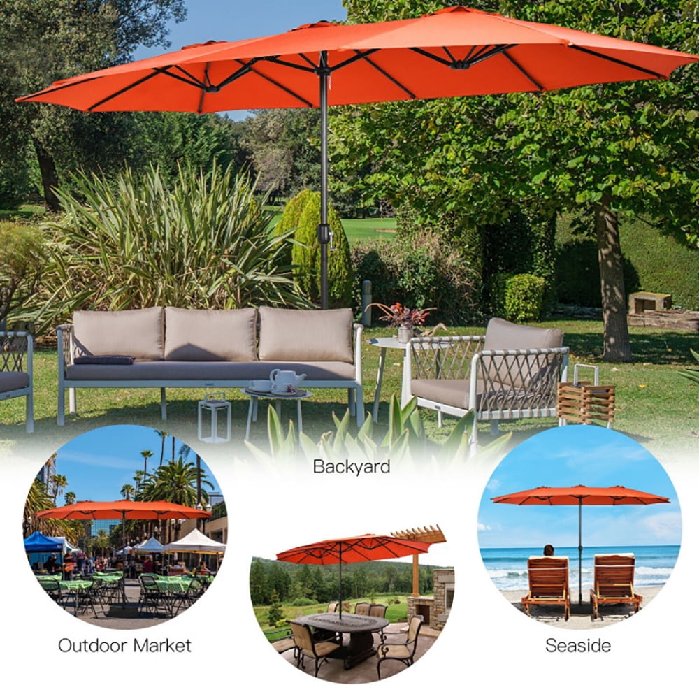 Aimee Lii 15 Feet Double-Sided Twin Patio Umbrella with Crank and Base, Sunbrella Patio Umbrellas, Orange