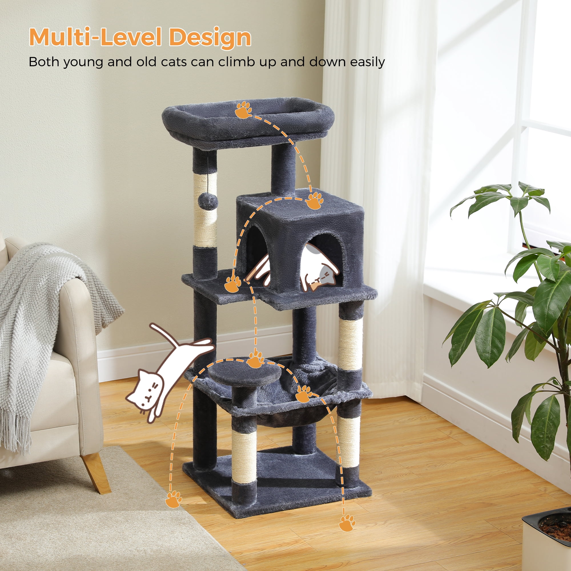 PEQULTI 45.7" Multi-Level Cat Tree Large Cat Tower Indoor with Condo and Hommock Dark Gray