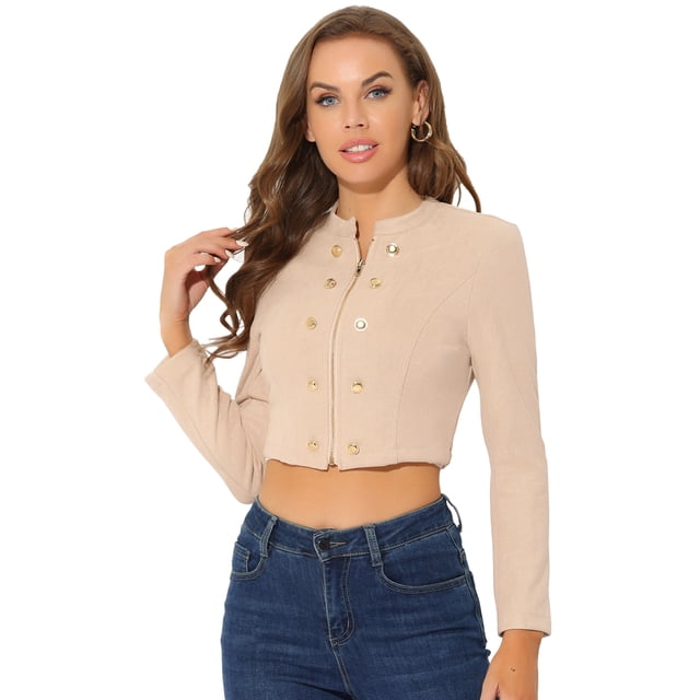 Chaqueta corta Allegra K de ante sintético con cremallera y cuello levantado Albaricoque beige XS