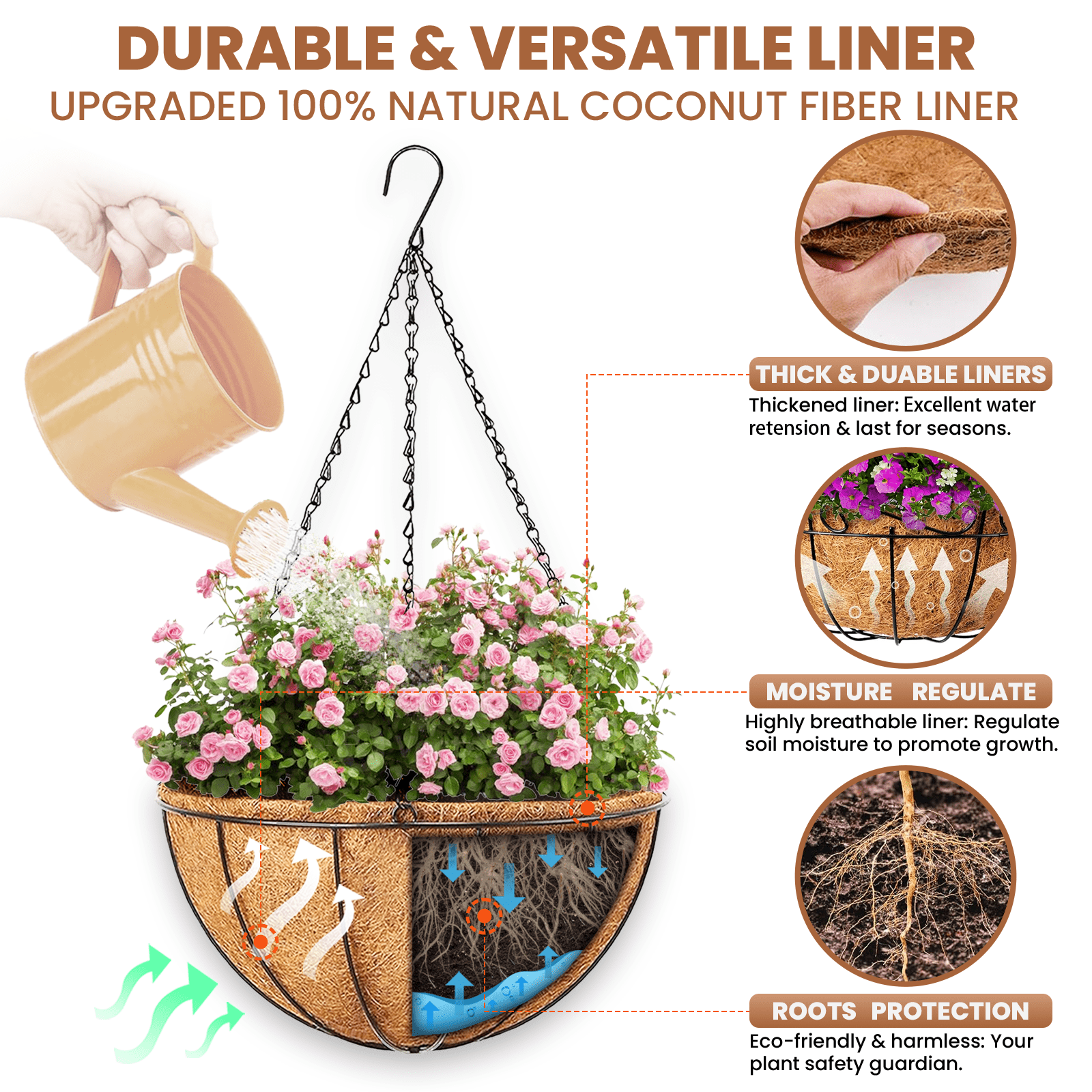 Diigabo 3-Pack Metal Hanging Planter 10-Inch Baskets Coconut Coir Liners Rustproof Iron Frame with Hook for Indoor Outdoor Porch Garden Décor