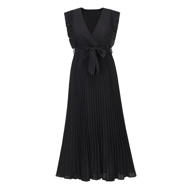 Vestido de playa plisado de gasa para mujer - Manga con volantes, corte ajustado, color liso, tallas S-XXL, para fiestas de verano/bodas, largo 140 cm
