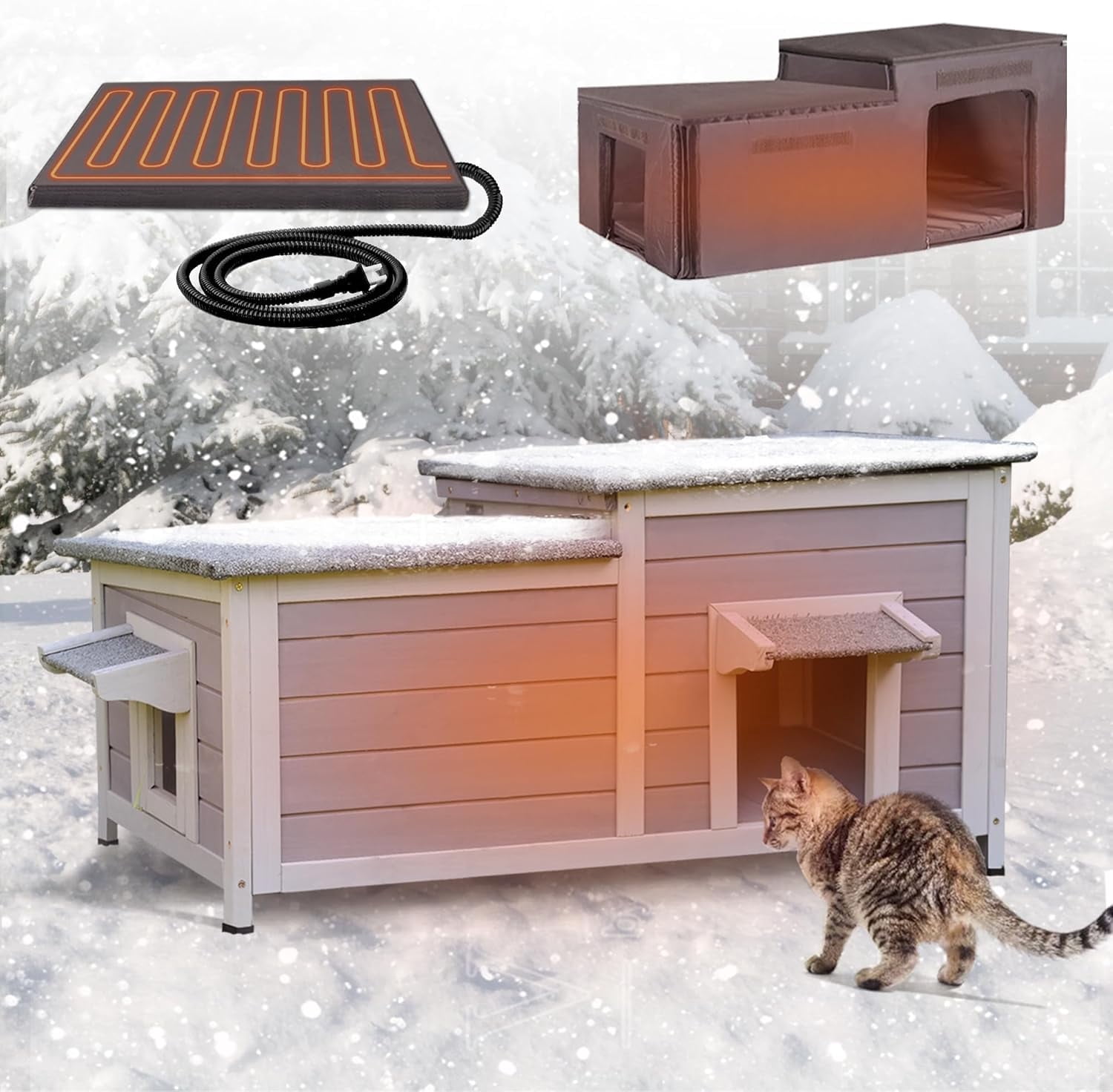 Aivituvin Heated Cat House Outdoor Cat House Insulated Large Weatherproof Feral Cat Shelter with Heated Pad, Insulated All-Round Thermal Liner