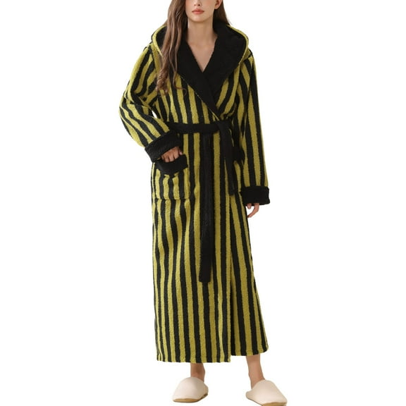 SWSMCLT Women's Long Bath Robe Billowy Fleece Robe Striped Printed Chunky Belt Chic Comfy Lapel Long Nightwear Cold Weather Green X-Large-XX-Large