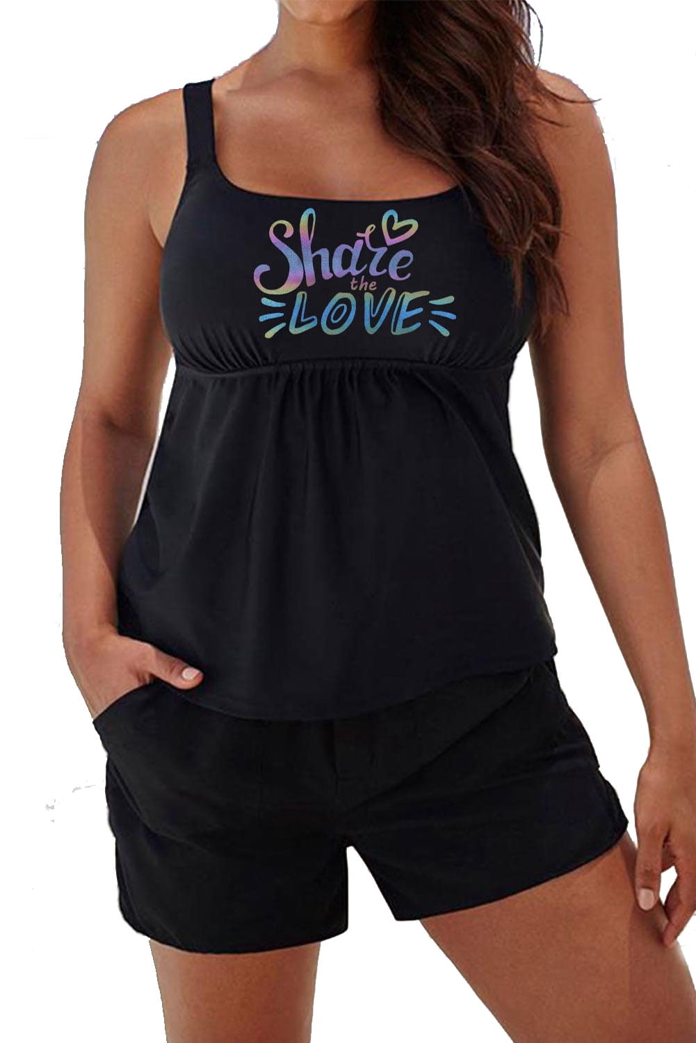 Aleumdr Womens Plus Size Tankini Set Share Love Graphic Scoop Neck Tummy Control Swimsuit with