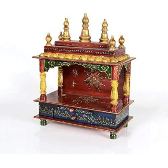 TAM Creatio Wooden Pooja Mandir Indian Hindu Decoration Puja Cabinet Temple Bhagwan Stand Mandapam Wall Hanging Decor for Home (Red)