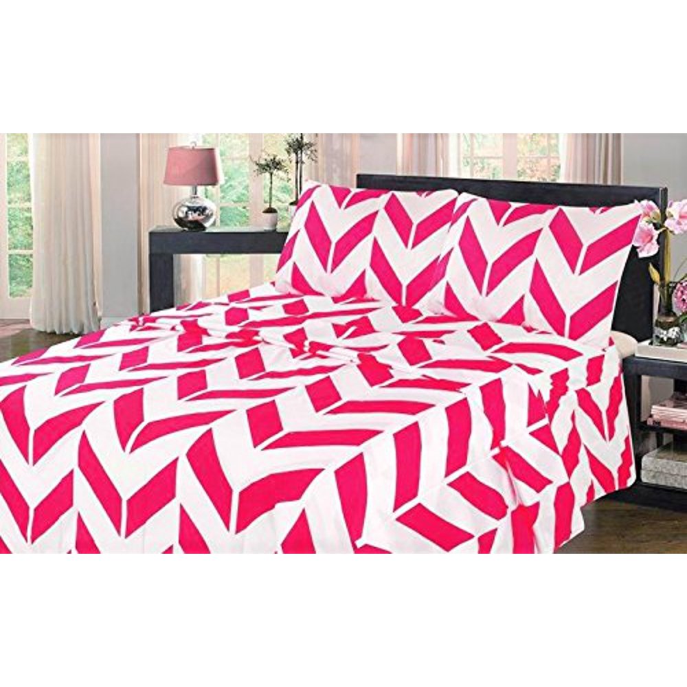 QUEEN HOT PINK Chevron BED SHEET SET Flat Fitted Pillowcase Sheet Set