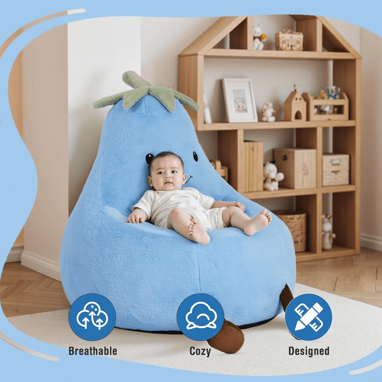 CONCETTA 24in Bean Bag Chair, Soft Faux Rabbit Fur Fabric, Cute Eggplant Lazy Chair for Kids, Living Rooms, Blue