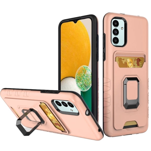 For Samsung Galaxy A13 5G S136DL Card Holder Ring Stand Cover Cell Phone Case   Tempered Glass - Rose Gold