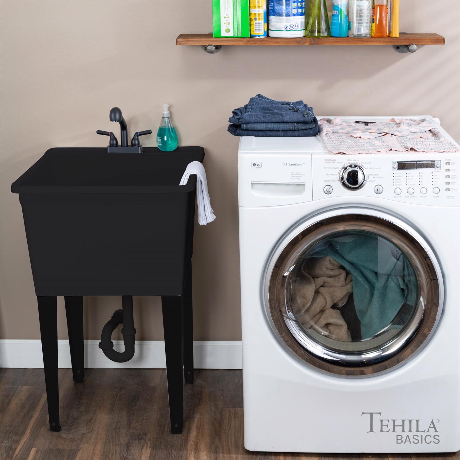 Tehila Standard Freestanding Black Laundry/Utility Sink, Black Finish Pull-Out Faucet
