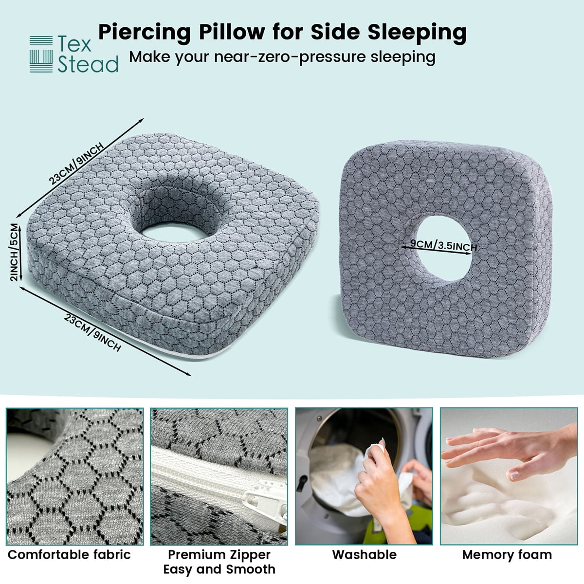 CHARRYARN by TexStead Ear Protection Pillow with Center Hole, Side-Sleeping Pillow, Soft Memory Foam Cushion, Prevents Ear Pressure & Relieves Ear Pain – Breathable & Washable Cover-9*9*2inch-gray