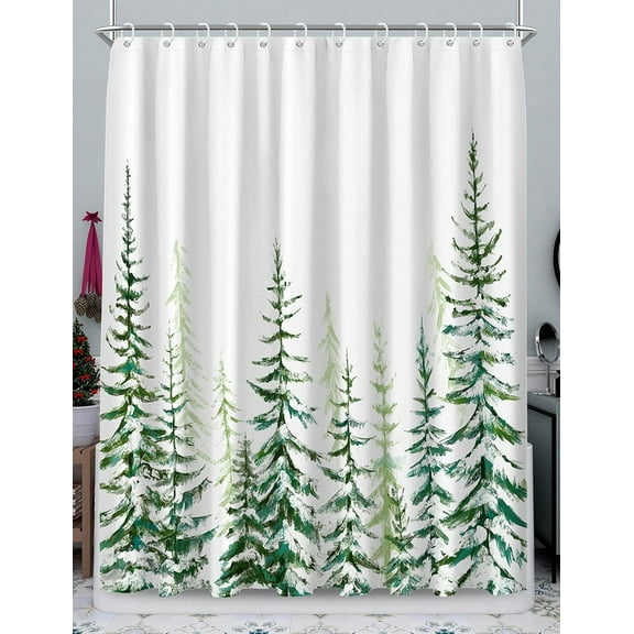 Christmas Shower Curtain for Bathroom Green Tree Farmhouse Rustic Modern White Snow Landscape Cloth Bathroom Curtain Sets with Hooks 72X72 inch