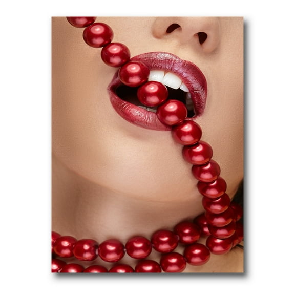 Designart ' Girl Mouth With Red Lipstick Biting Red Pearls ' Modern Canvas Wall Art Print