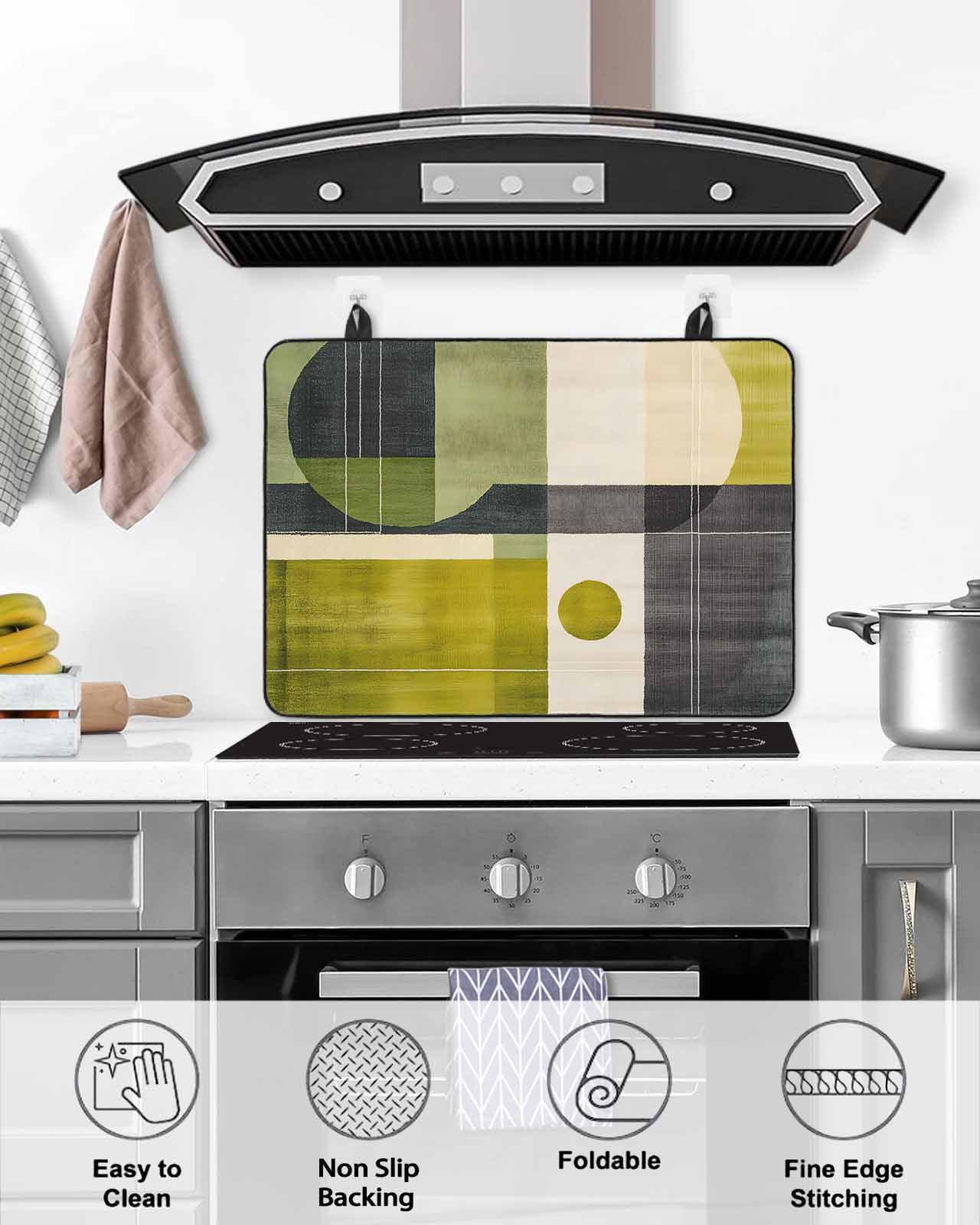 nqOlkjepod Large Induction Cooktop Protector Mat 24"x21", Geometric Green Stove Top Covers for Electric Stove, Middle Century Simple Abstract Art Stove Burner Cover Mats, Glass Top Stove Cover