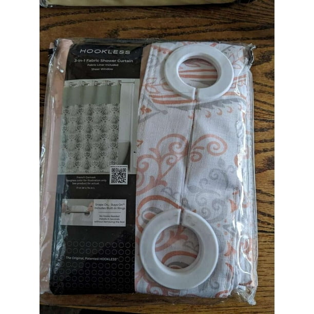 NEW Hookless French Damask peach pink Shower Curtain wPeva Liner fabric