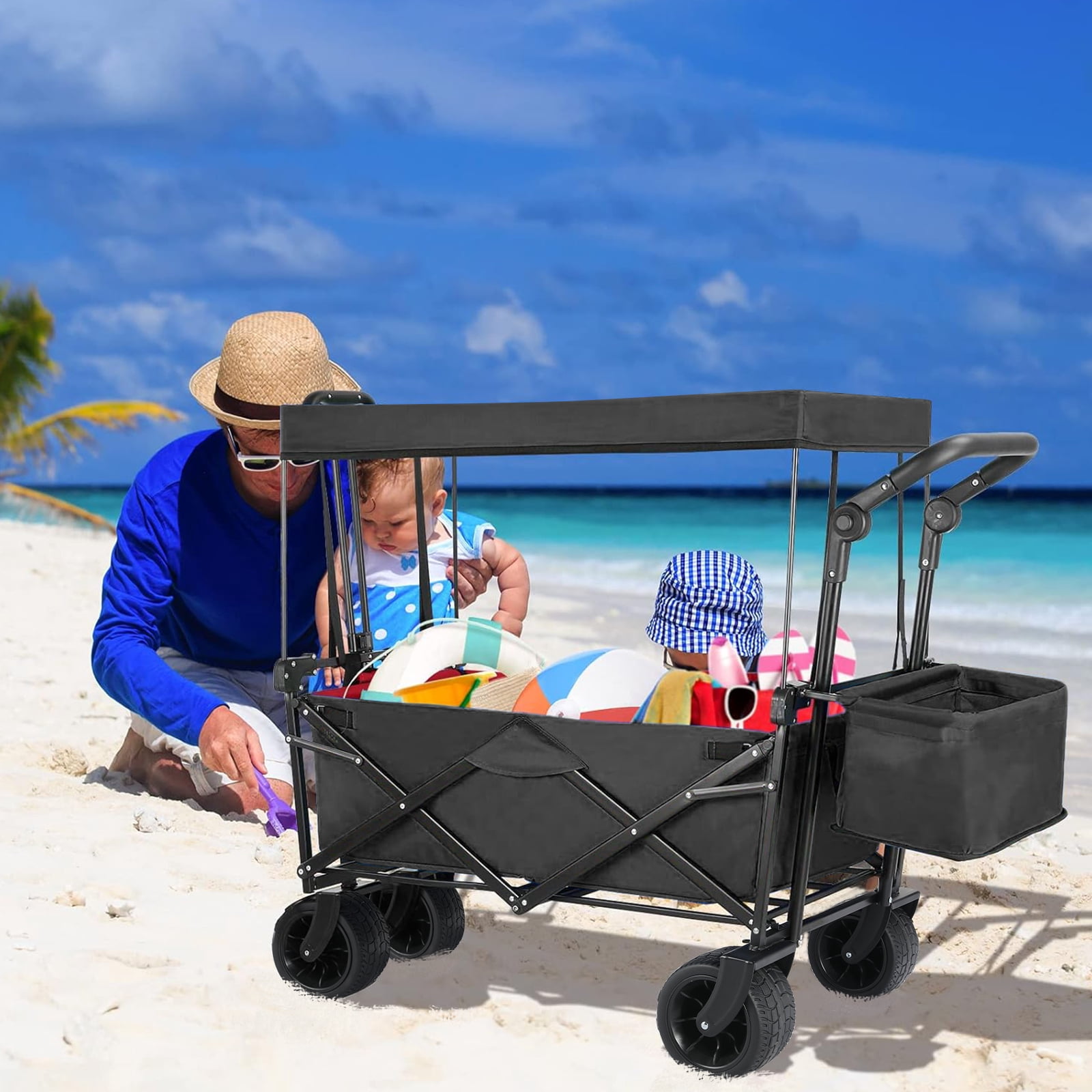 Pirecart Collapsible Garden Wagon Cart with Removable Canopy, Folding Beach Wagon with Adjustable Handle