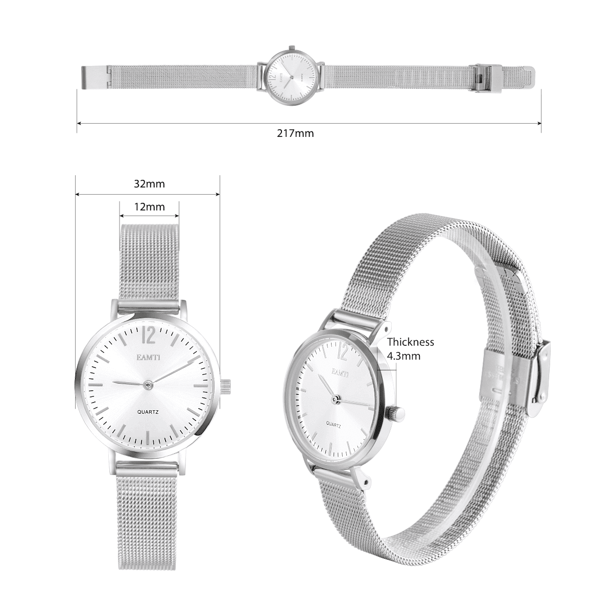 EAMTI Women's Bracelet Stainless Steel Watch, Fashion Minimalist Water Resistant Wristwatch for Women Ladies, White Case Silver Bracelet, 32mm Case