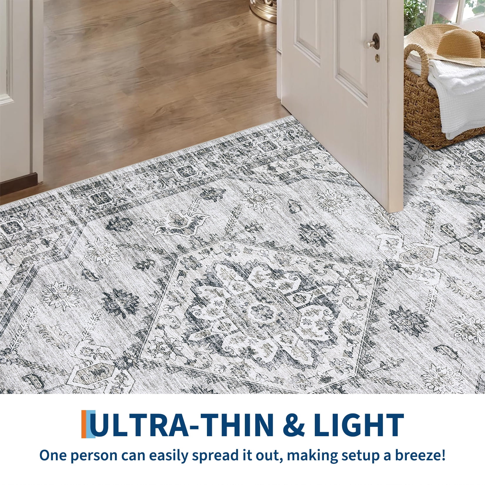 HOMERRY Foldable Area Rug 10' x 13' Washable Indoor Distressed Boho Floral Rug for Living Room, Light Gray