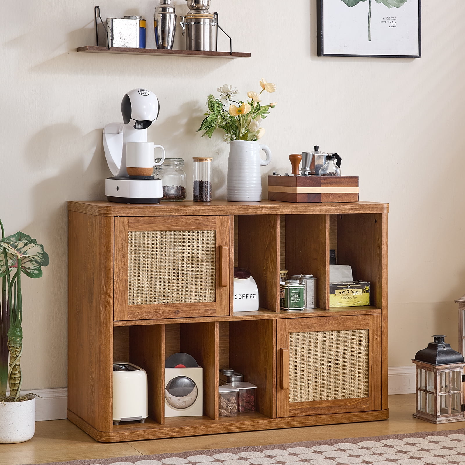 Rattan Boho Large Record Player Stand, Modern Stereo Turntable Table with Record Storage, Vinyl Record Storage Cabinet, Tea Brown
