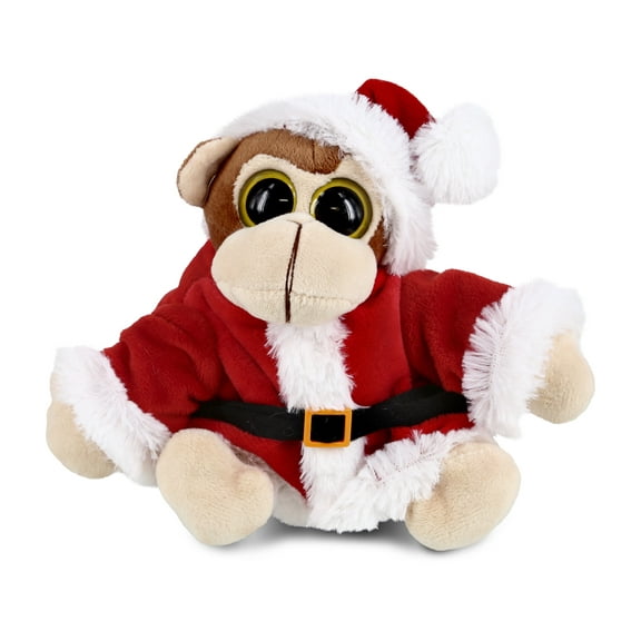 DolliBu Santa Big Eye Monkey Stuffed Animal Plush Toy - Super Soft Wild Animal Dress Up with Red Santa Claus Outfit, Cute Holiday Christmas Gift - 6 Inches