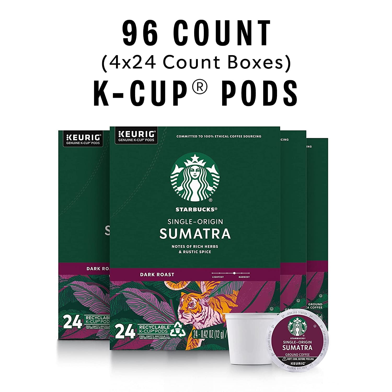 Starbucks K-Cup Coffee Pods&mdash;Dark Roast Coffee&mdash;Sumatra for Keurig Brewers&mdash;100% Ar