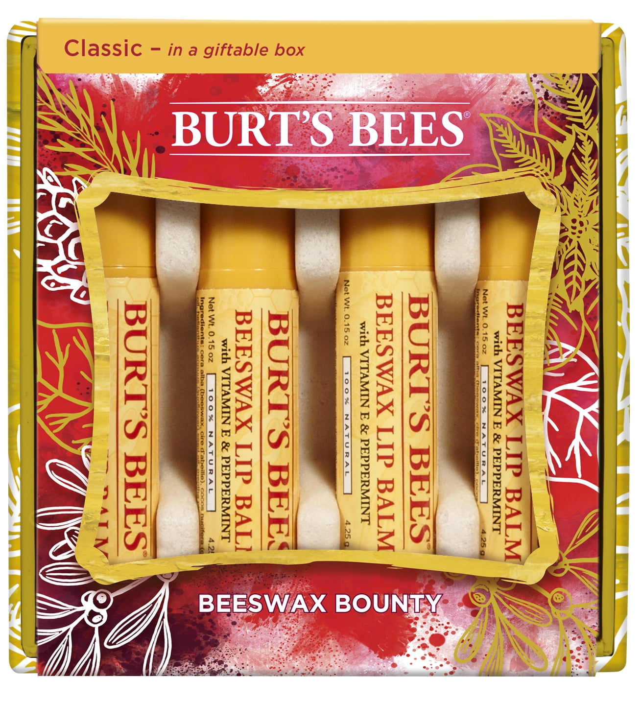 Burt's Bees Beeswax Bounty Classic Lip Balm Holiday Gift Set, 4 Lip