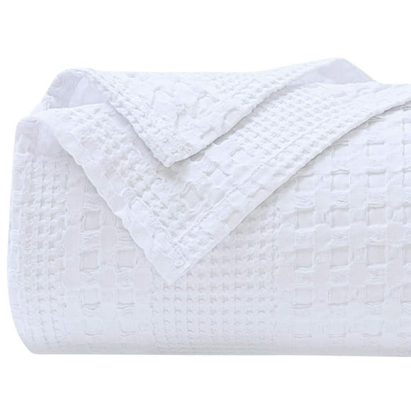 PHF 100% Cotton Waffle Weave Blanket King/Cal King Size - Luxury Decorative Soft Breathable Skin-Friendly Blanket - Perfect Textured Blanket Layer for Couch Bed Sofa 108"x90" - White