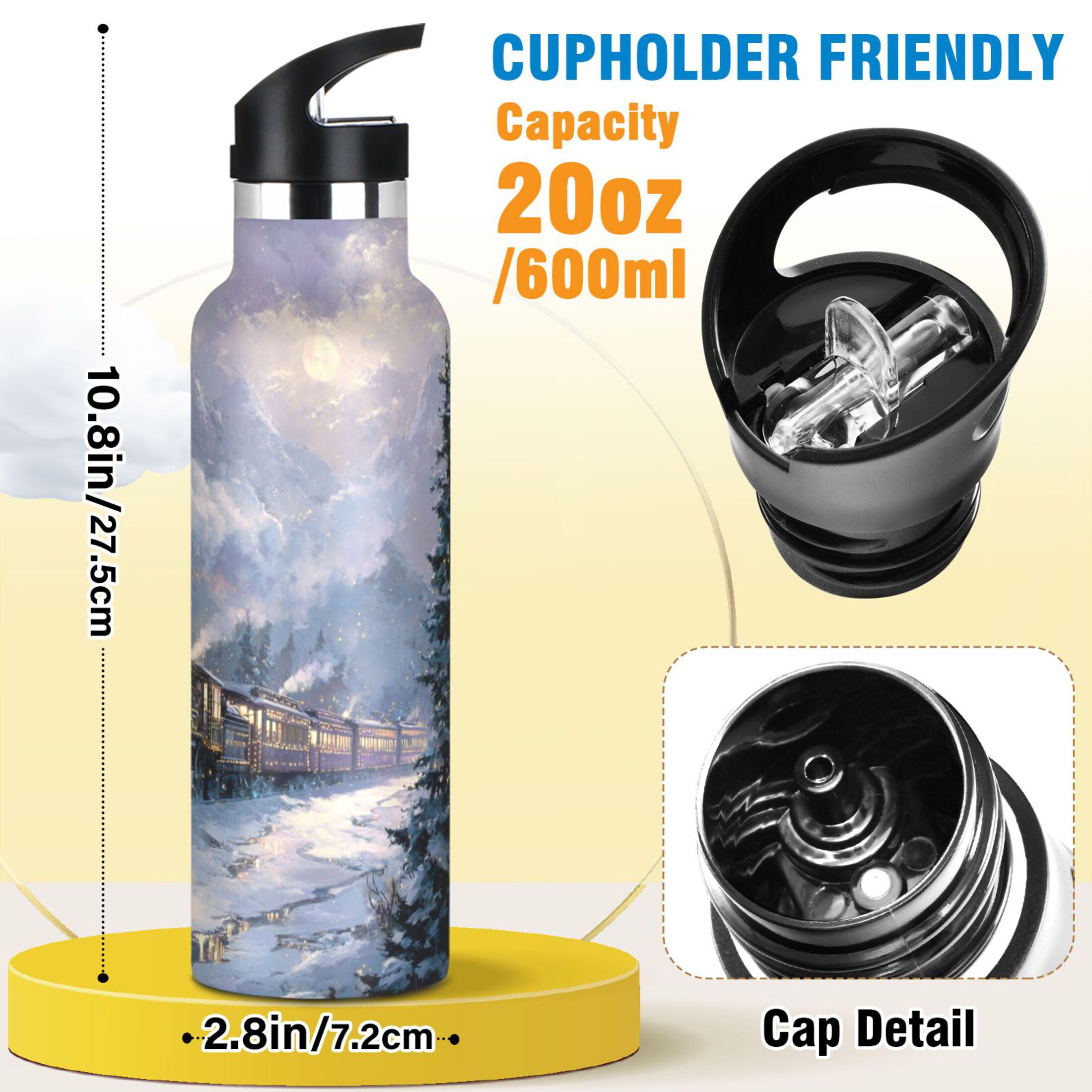 Kids Insulated Stainless Steel Sports Water Bottle 600ml (20oz) Vintage-style Christmas Train