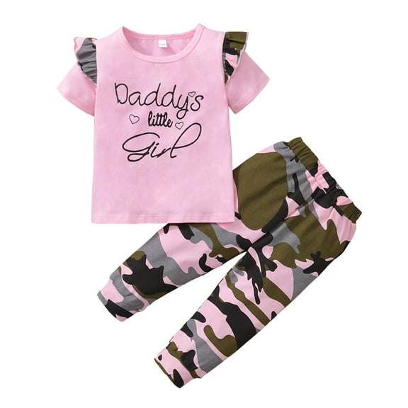 5T Kids Girls Clothes Little Girls 2PCS Outfits 5-6 Years Girls Letter Print Short Sleeve Top Camouflage Pants Set Pink