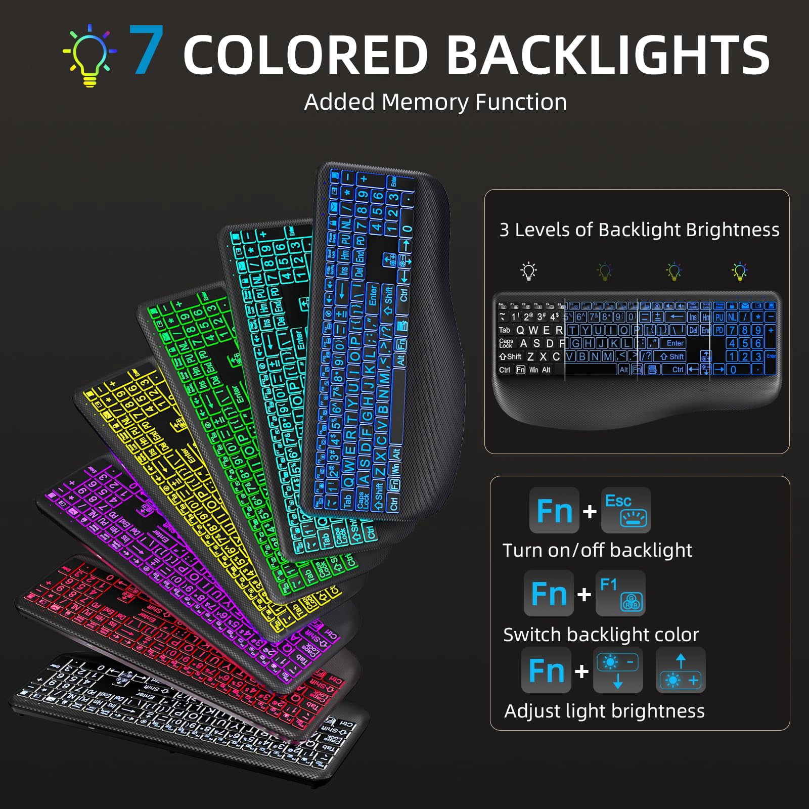 GEAK Large Print Wireless Keyboard, Full-Size Ergonomic Keyboard with Wrist Rest for Computer Keyboards, Rechargeable Silent Keyboard Gaming with 7-Color Backlit Light up Keys for Laptop Mac Windows