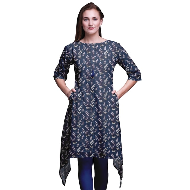 Bimba Kurti Asymétrique Imprimée Shibori à Feuilles Bleues pour Femmes, Robe d'Été Indienne Tunique, XX-Grand