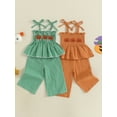 thumbnail image 3 of Loicainy Baby Toddler Kids Girl Halloween Outfit 6 9 12 18 24 Months 2T 3T 4T 5T Pumpkin Embroidery Smocked Tie-up Spaghetti Strap Tops Solid Wide Leg Pants Clothes Set, 3 of 9
