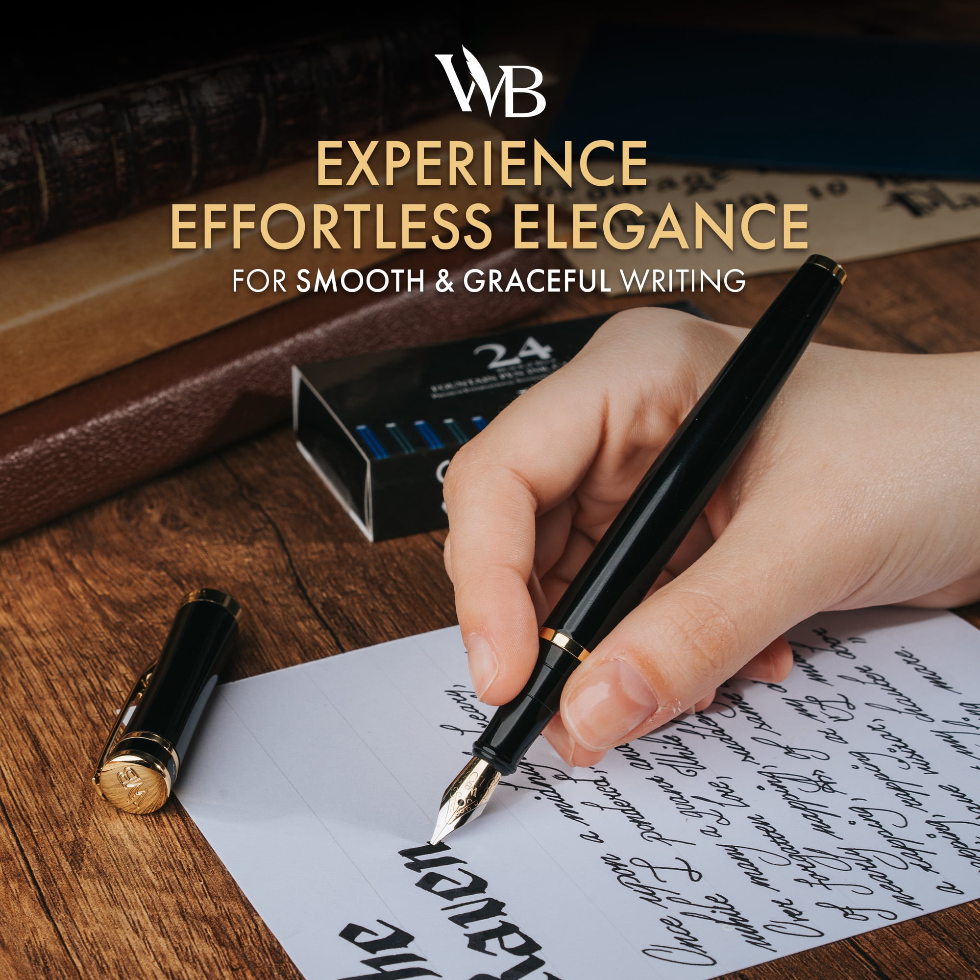 Wordsworth & Black Fountain Pen Set, 18K Gilded Broad Nib, 24 Pack Ink Cartridges - Black Gold