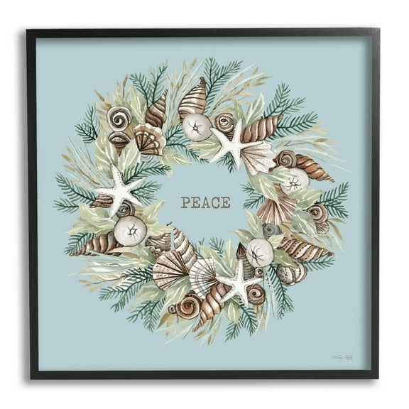 Coastal Holiday Peace Wreath Holiday Graphic Art Black Framed Art Print Wall Art
