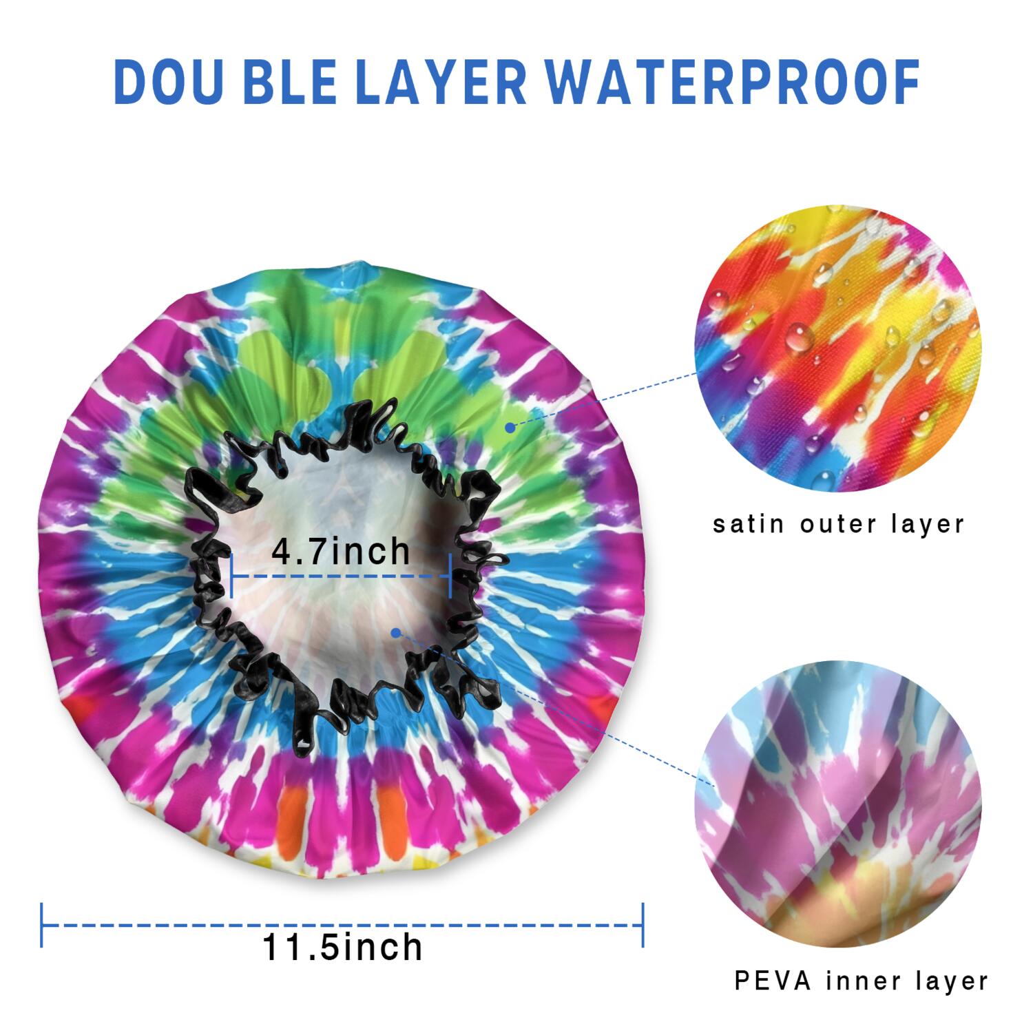 Shower Caps,Colorful Rainbow Tie Dye Spiral Pattern Waterproof Shower Cap for Women 4 Pieces,Double Reusable Hair Cover for Shower PEVA Elastic Stretch Hem