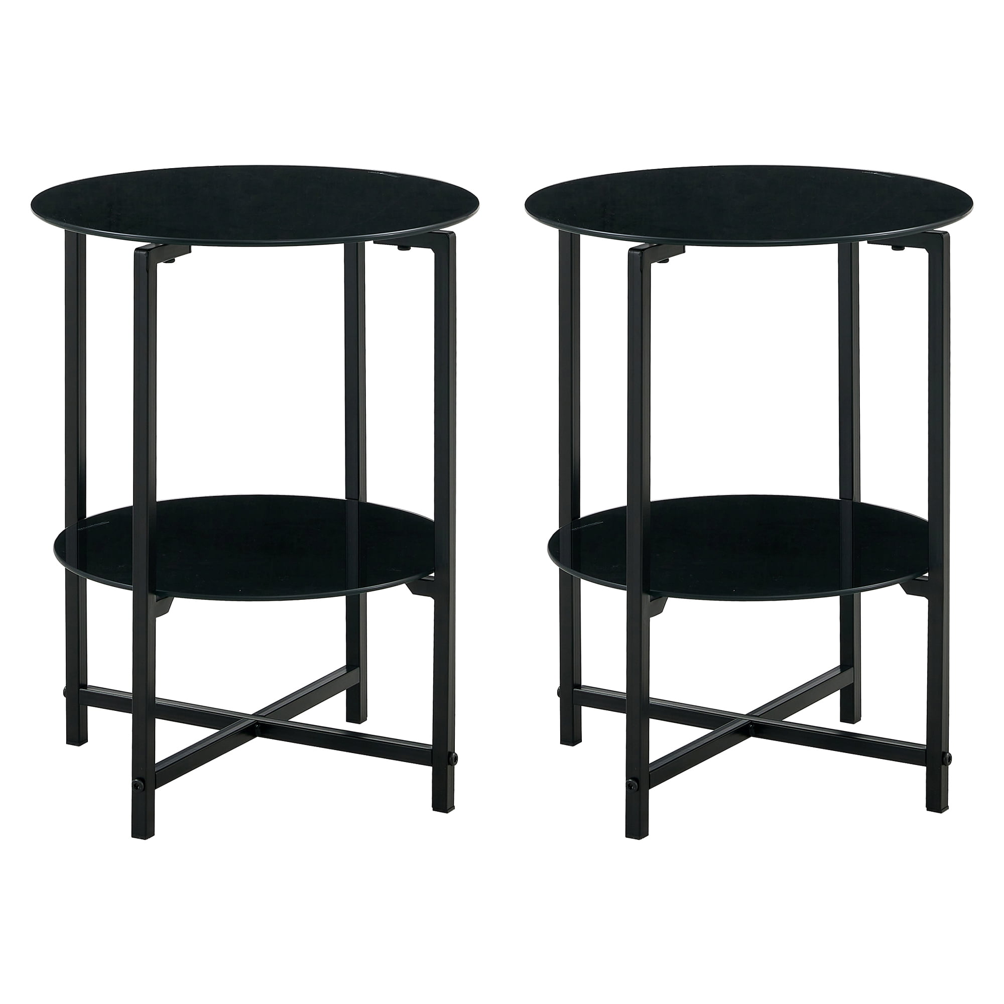 Black Tempered Glass and Iron Round End Table Set