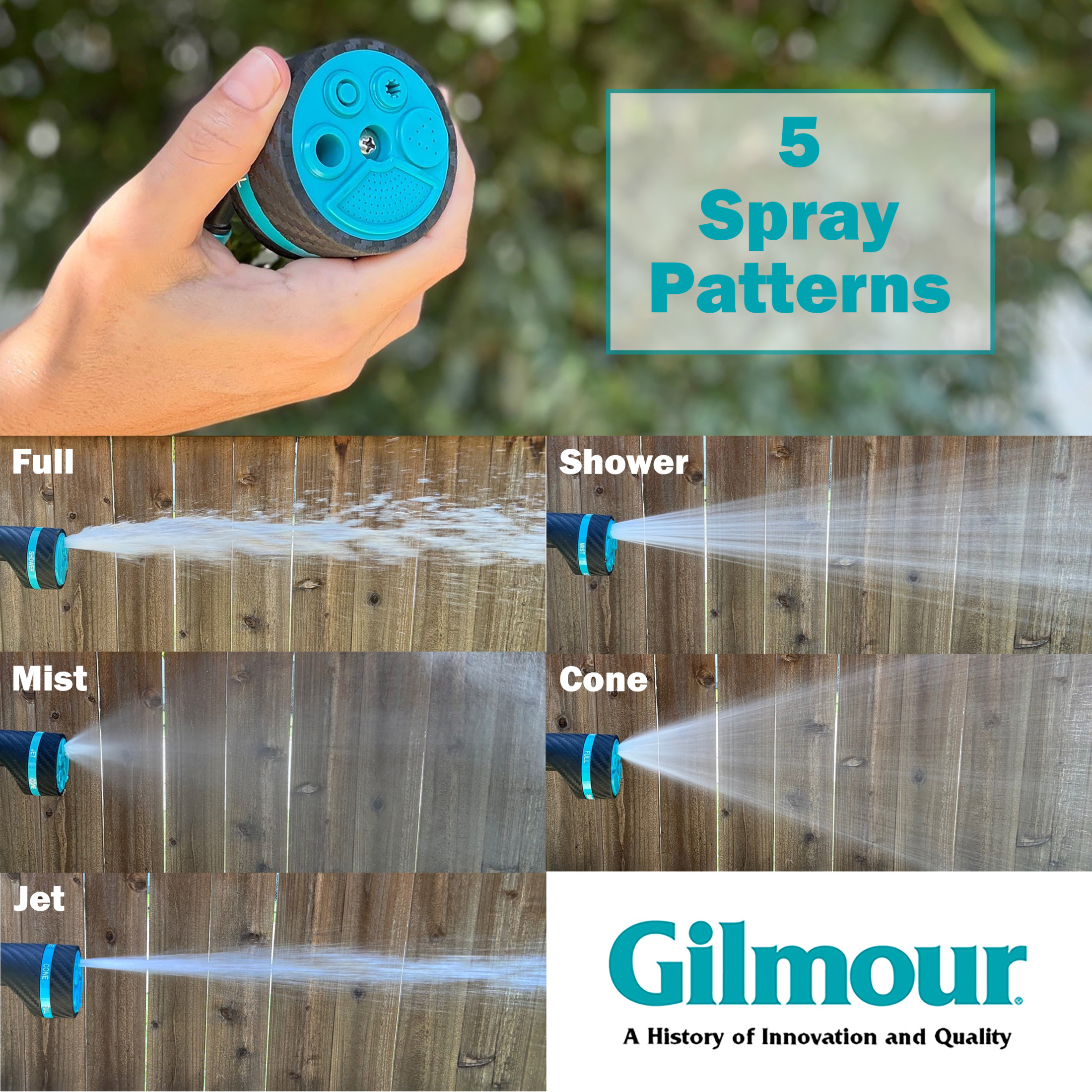 Gilmour Heavy Duty 5-Pattern Garden Hose Nozzle with Swivel Connect, Push Button Control, Ergonomic Non-Slip Grip