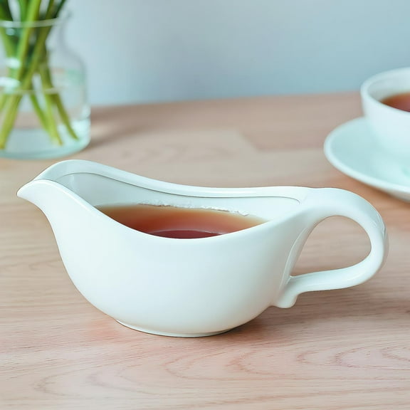Ceramic Gravy Boat, 24 Oz Capacity, White Sauce Boat with Wide Spout/ Ceramic Sauce Boat with Tray for Salad Dressings Milk,Warming Sauces,Creamer,Broth