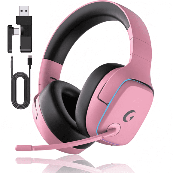 Audífonos Inalámbricos para Juegos de 2,4 GHz para PS5/PS4/PC/Switch, Audífonos Bluetooth 5.3 con Micrófono con Cancelación de Ruido, Sonido Surround 7.1, Duración de Batería de 70 H, Luces RGB, Plegables, Portátiles, Ligeros y Morados