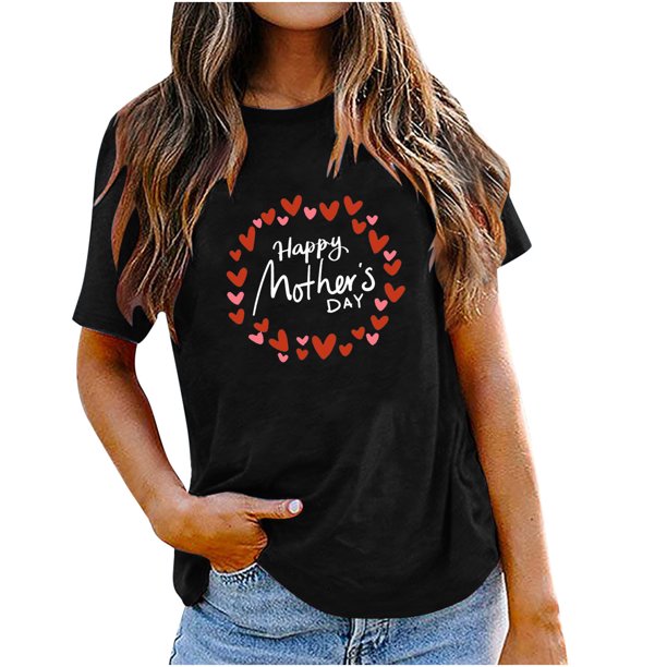 Tops con estampado de día de la madre de Pascua de manga corta con cuello redondo a la moda para mujer Fridja bn7759