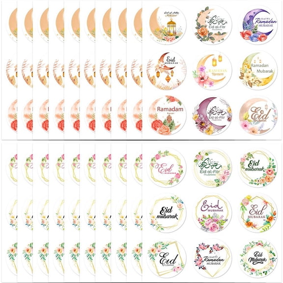 Jiibva 180Pcs Eid Mubarak Paper Sticker Ramadan Candy Bag Labels Packing Self-adhesive Stickers for Islamic Muslim Party Decor