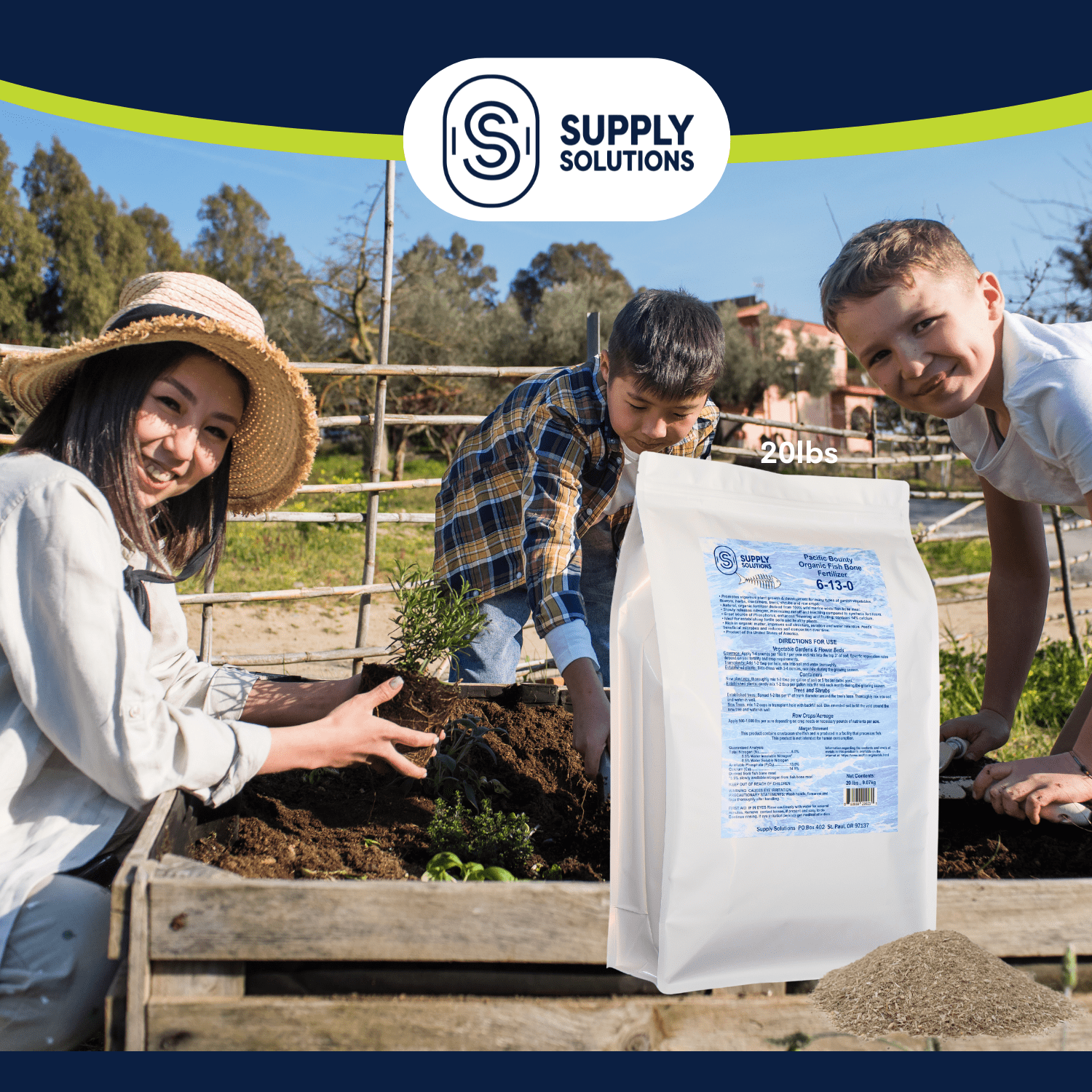 Supply Solutions Pacific Bounty Organic Fish Bone Meal Fertilizer 6-13-0 - Plus 14% Calcium for Plants Root Development- High Phosphorus Plant Food for Tomatoes, Flowers, Bulbs, Veggies (20lbs)