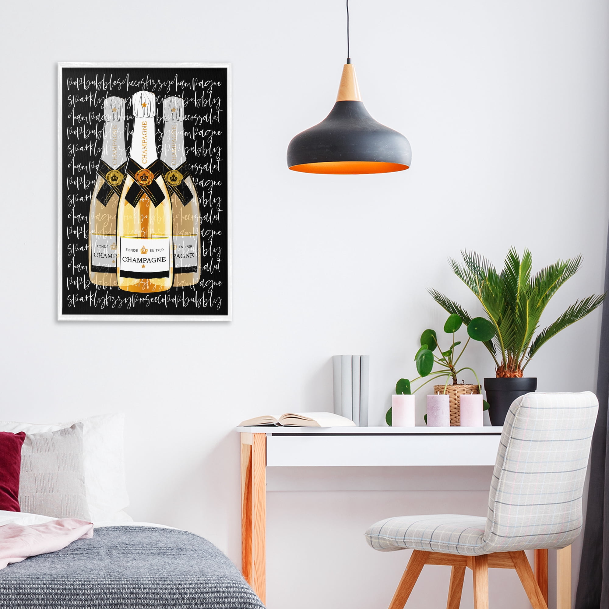 Stupell Industries Triple Champagne Bottle Love White Framed Giclee Art, design by Martina Pavlova
