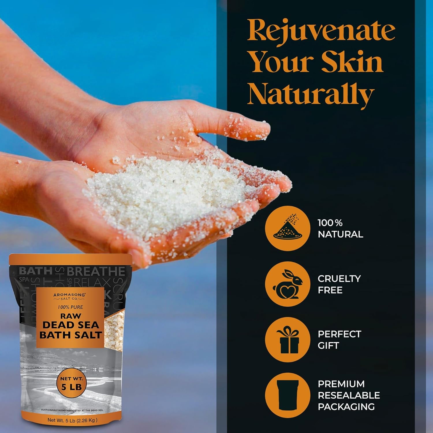 Aromasong Raw Dead Sea Bath Salt 5 lb – Minimally Cleaned, Mineral-Rich with Dead Sea Mud, 100% Pure Natural Soaking Salts