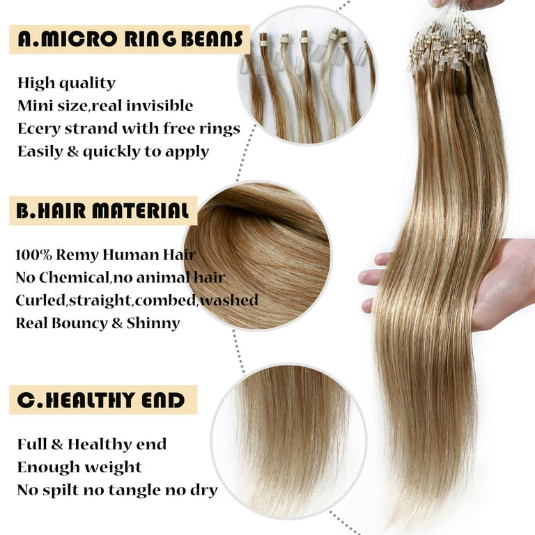 Benehair Russian Remy 100% Human Hair Extensions Nano Beads Micro Ring Hair  Tip 100% Real Remy Hair Extension Micro Link Bonds 1g/Strand 50g Blonde