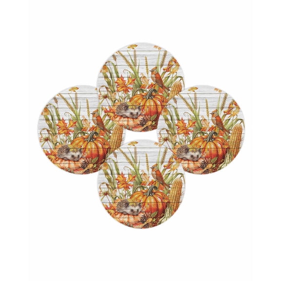 Fall Round Placemats Set of 4 Hedgehog Pumpkin Corn Place Mats Thanksgiving Woven Placemat Maple Leaf Circle Braided Table Mat for Kitchen Dining Table Autumn Party Home Decor 15 Inch