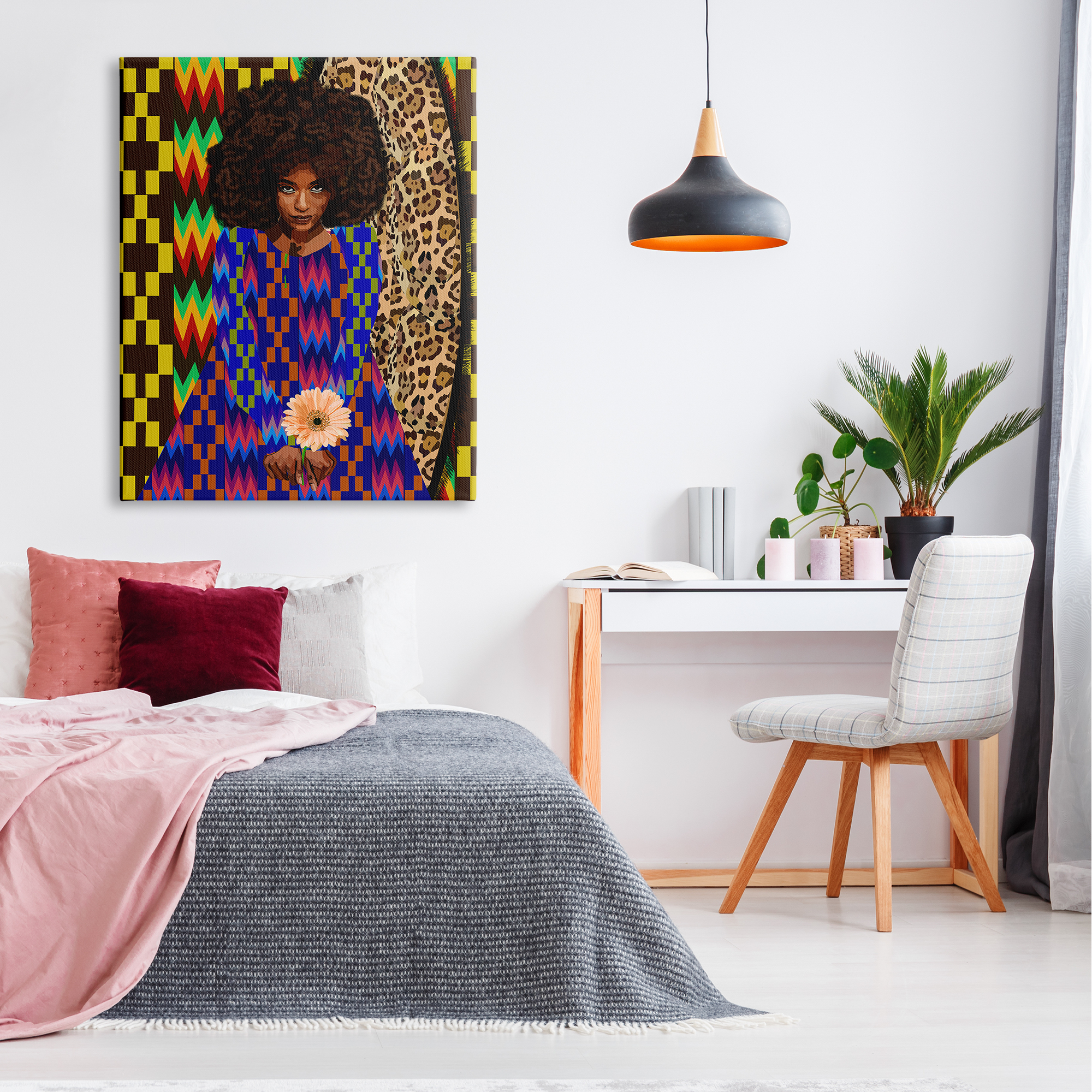 Stupell Industries Leopard Zigzag Abstract Pattern Woman Holding Flower, 36 x 48, Design by Lynnda Rakos