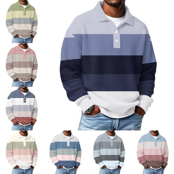 Zivyakyron Long Sleeve Men Polo Shirts Rugby Fall Waffle Button Loose Contrast Shirts Collared Casual Blue 2XL